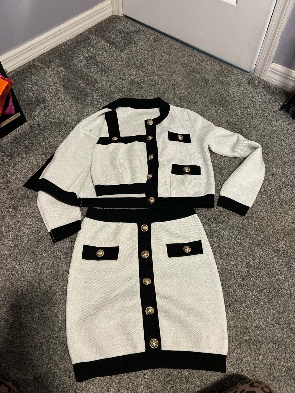 Black & White Knit Two Piece Crop Top and Mini Skirt Set